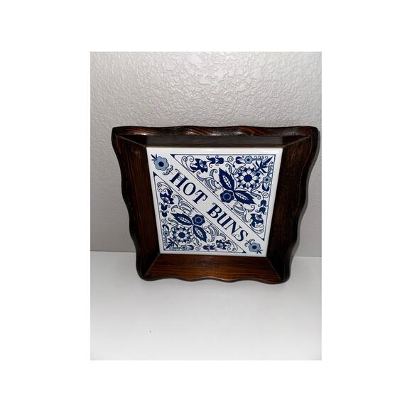 Vintage Blue & White “Hot Buns” Tile Trivet with Wood Frame Kitchen Decor - Picture 9 of 11